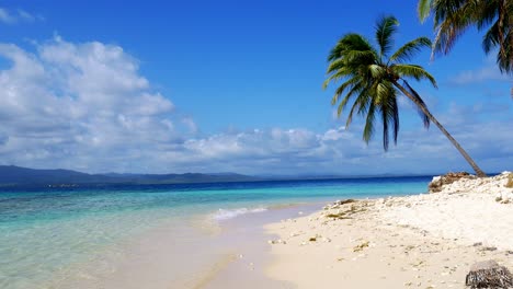 Wind-blowing-through-palm-tree-leaves-over-tropical-beach-in-San-Blas,-Panama