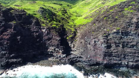 Hawaiian-shoreline-with-volcanic-rocks-and-green-vegetation,-Maui