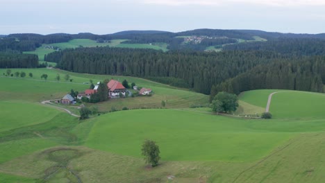 Idyllic-cinematic-Farmhouse-at-the-black-forest-from-the-SWR-"Die-Fallers"-with-meadow-and-fir-trees-wood-forest-aerial-drone-panorama-approached-shot