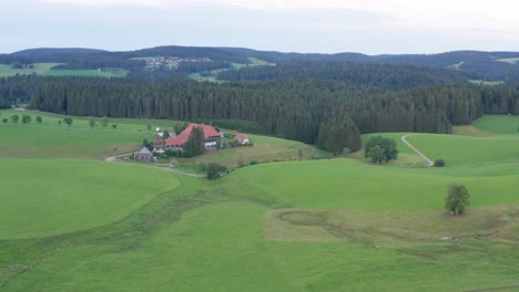 Idyllic-cinematic-Farmhouse-at-the-black-forest-from-the-SWR-"Die-Fallers"-with-meadow-and-fir-trees-wood-forest-aerial-rotating-drone-panorama-shot