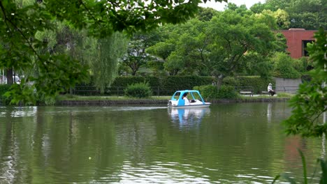 En-El-Verano-Del-Parque-Shakujii-En-Tokio,-Japón,-Es-Muy-Común-Ver-Gente-Alquilando-Y-Montando-Botes-En-Forma-De-Cisne