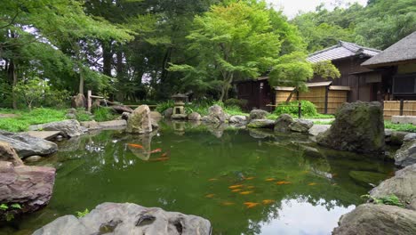 Der-Brunnen-Mit-Wasser-,-Koi-fisch--Und-Steindesign-Ist-Typisch-Japanisch