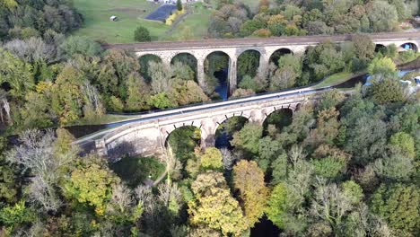Anti-clockwise-orbit-aerial-drone-clip-of-Marple-Aqueduct-and-Viaduct-in-the-United-Kingdom-with-River-Goyt-passing-underneath