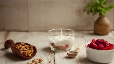 Joghurt-Zeitraffer-Von-Erdbeerparfait,-Das-Zubereitet-Und-Gegessen-Wird