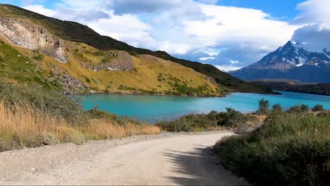 Driving-Lake-Pehoe-near-Torres-Del-Paine-and-Cerro-Paine-Grande-in-Chilean-Patagonia