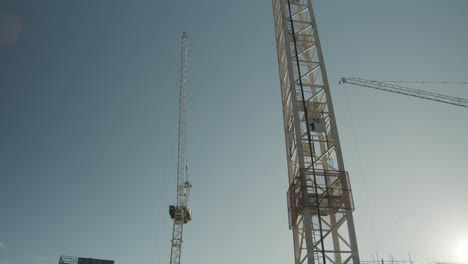 Multiple-cranes-work-in-a-construction-site-against-a-bright-sunny-sky