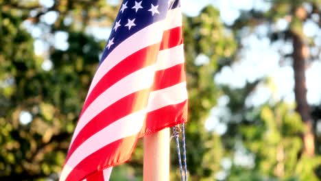 American-USA-Flag-Waving-Against-Bokeh-Trees-At-Daytime