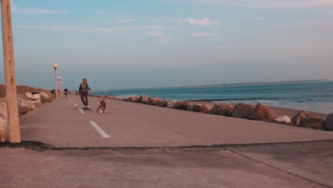 Skateboarding---Young-Girl-On-Skateboard-Skating-On-The-Seaside-And-Pulled-By-Her-Pet-Dog