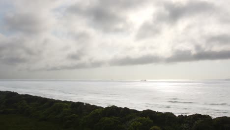 Weite-Aufnahme-Des-Ozeans-Mit-Vegetation-Im-Vordergrund-Und-Dunklen-Wolken,-Die-Ein-Schiff-In-Der-Ferne-Bedecken