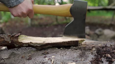 Axe-Cutting-Wood-For-a-Campfire-In-The-Green-Forest