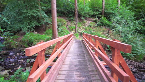 Walking-Through-Red-Wooden-Bridge-Over-Stream-Towards-Ravensdale-Forest-Park-In-County-Louth,-Ireland---POV-Of-Person-Hiking-On-Bridge