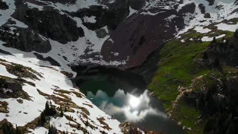 Filmische-Luftaufnahme-Des-Sees-Zwischen-Hohen-Bergen-In-Colorado