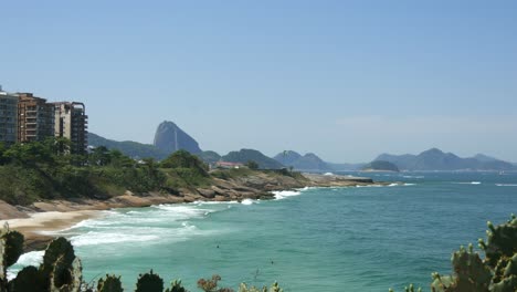 Rio-De-Janeiro-Strand-Mit-Wellen-Und-Kaktus-Im-Vordergrund-Und-Berge-Und-Blauer-Himmel-Im-Hintergrund