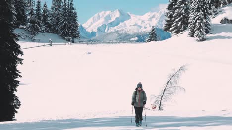Excursionista-Con-Trekking-Caminando-En-La-Nieve-En-Un-Soleado-Día-De-Invierno