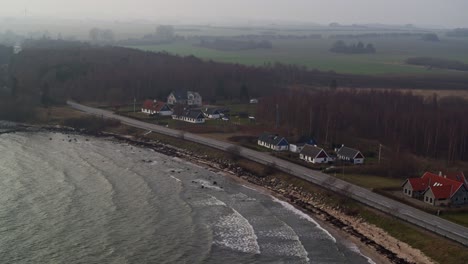 Aerial-view-of-a-beach-with-a-street-and-a-some-family-houses-on-the-edge-of-the-forest