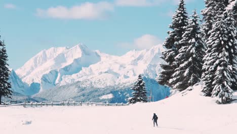 Backpacker-Walking-Alone-In-Snow-With-Snowy-Mountains-And-Pine-Trees-In-Background