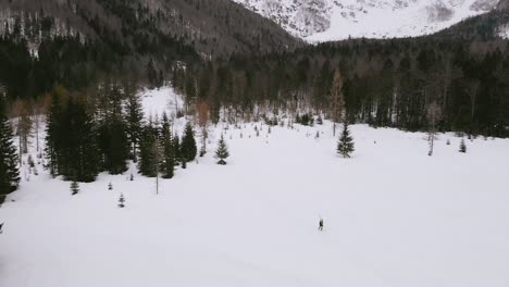Paisaje-Cubierto-De-Nieve-Con-Bosques-De-Coníferas-Y-Montañas-Durante-El-Invierno-En-Krnica,-Gorje,-Eslovenia---Toma-Aérea-De-Drones