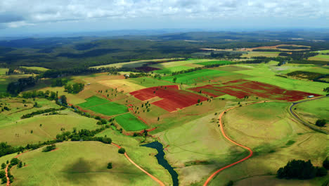 Panoramic-View-Of-Colorful-Fields-In-The-Countryside-Of-Atherton-Tablelands,-Queensland,-Australia---aerial-drone-shot