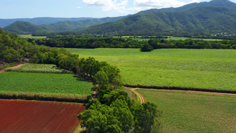 Idyllische-Landschaft-Mit-Grünen-Bergen-Und-Feldern-In-Cairns,-Queensland,-Australien---Luftdrohnenaufnahme