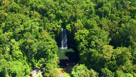 People-Swim-On-Swimming-Hole-With-Millaa-Millaa-Falls-Surrounded-With-Lush-Rainforest-In-Australia
