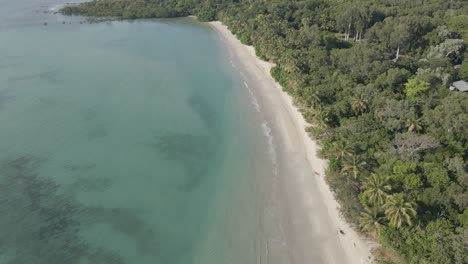 Flying-Over-Long-Stretch-Of-Sandy-Seashore-With-Pristine-Water-At-Myall-Beach-In-Cape-Tribulation,-Queensland-Australia