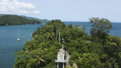 AERIAL---Bridge-of-the-islands-of-Samana,-Dominican-Republic,-forward-wide-shot