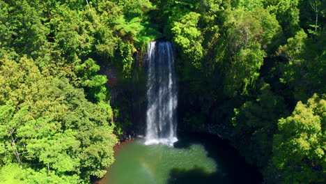 Aerial-View-Of-Millaa-Millaa-Waterfall-With-Green-Forest-In-Tablelands-Region,-Queensland,-Australia