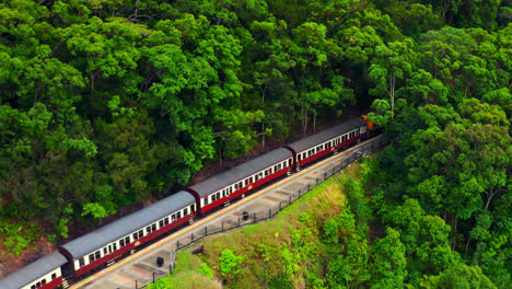 Aerial-View-Of-The-Kuranda-Scenic-Railway-Passing-Through-Dense-Rainforest-In-The-Town-Of-Kuranda,-Queensland,-Australia