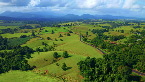 Countryside-Landscape-With-Lush-Vegetation-And-Vibrant-Fields-In-Atherton-Tablelands,-Queensland,-Australia---aerial-drone-shot