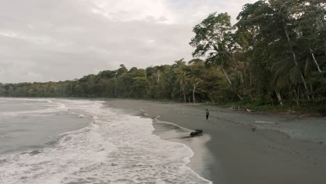 Persona-Solitaria-Caminando-En-La-Playa-Con-Olas-Salpicando-En-Punta-Mona,-Costa-Rica