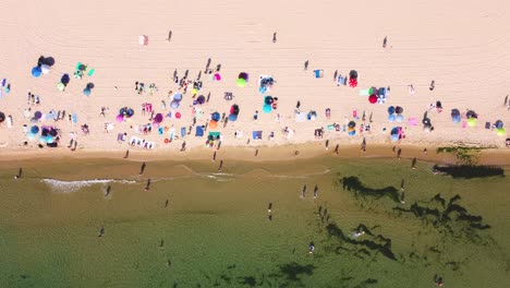 4K-overhead-drone-clip-over-an-exotic-golden-sand-beach-in-Sunny-Beach,-Bulgaria