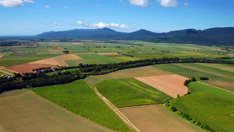 Panoramic-View-Over-Vibrant-Fields-In-The-Town-Of-Cairns,-Queensland,-Australia---aerial-drone-shot