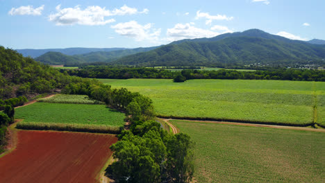 Flug-über-Landwirtschaftliche-Felder-Mit-Malerischen-Bergen-Im-Hintergrund-In-Cairns,-Queensland,-Australien---Drohnenaufnahme