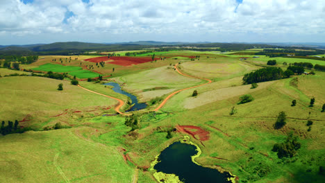 Vast-Fields-And-Creeks-In-The-Countryside-Of-Atherton-Tablelands-Region,-Queensland,-Australia---aerial-drone-shot
