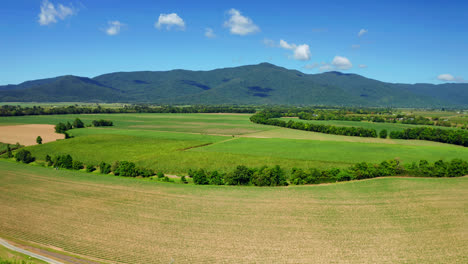 Aerial-View-Over-Green-Fields-And-Mountains-During-Summer-In-Cairns,-Queensland,-Australia---drone-shot