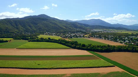 Country-Agricultural-Landscape-And-Town-In-Cairns,-Queensland,-Australia---aerial-drone-shot