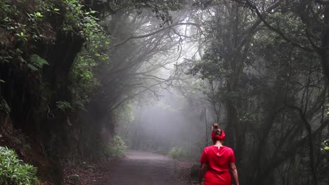 A-woman-in-a-red-dress-traveling-through-a-mysterious-overgrown-forest-full-of-touching-trees-forming-a-tunnel-over-a-path-lit-by-the-sun---Parque-Nacional-de-Garajonay,-Spain
