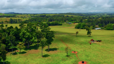 Green-Trees-And-Fields-Against-Cloudy-Sky-In-Atherton-Tablelands,-Queensland,-Australia---aerial-drone-shot