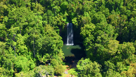 Millaa-Millaa-Waterfall-In-A-Lush-Rainforest,-Atherton-Tablelands,-Queensland,-Australia---aerial-pullback