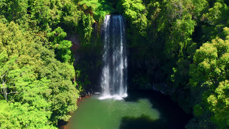 Millaa-Millaa-Falls-And-Lush-Tropical-Rainforest-In-Atherton-Tablelands,-Far-North-Queensland,-Australia---aerial-drone-shot