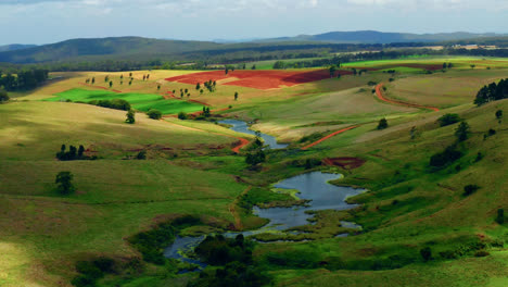 Aerial-View-Of-Creeks-And-Vibrant-Fields-In-Atherton-Tablelands-Region,-Queensland,-Australia---drone-shot