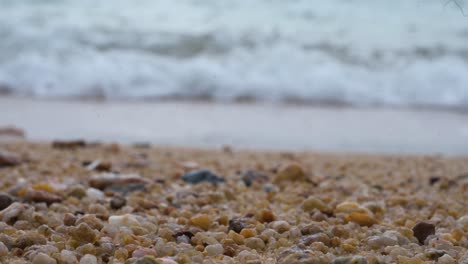 Focus-on-the-foreground,-a-low-angle-view-of-eroded-seashells-laying-on-the-beach-sand-as-calm-tide-sea-waves-can-be-seen-in-the-background