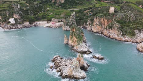 Rocks-of-Scopello,-Sicily.-Faraglioni-from-drone