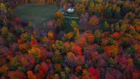 Aerial-view-of-the-Mackenzie-King-Estate-in-Gatineau-Park-in-autumn-at-sunset