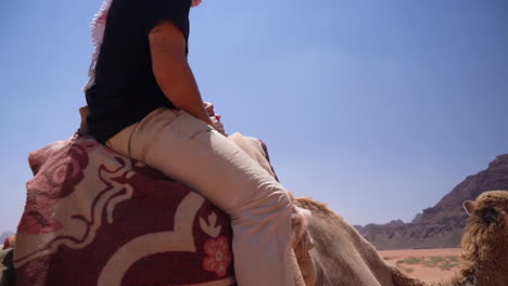 Camellos-Y-Jinetes-En-El-Seco-Paisaje-Desértico-De-Wadi-Rum,-Petra,-Jordania,-Cierran-A-Cámara-Lenta