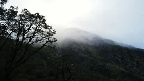 Lapso-De-Tiempo-De-Niebla-Mística-Volando-Entre-Montañas-Con-Vegetación-Del-Parque-Nacional-Fiordland,-Nueva-Zelanda