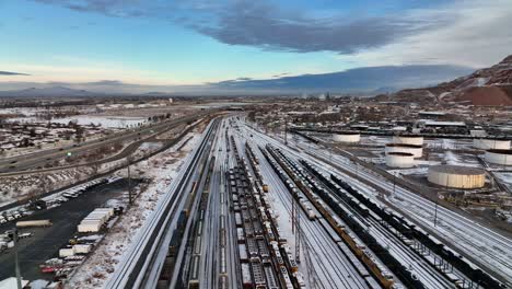 Aerial-Shot-over-the-Railways-at-North-Salt-Lake-Utah---Truck-Left-and-Panning-Movement