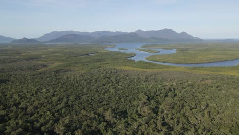 Aerial-View-Of-Hinchinbrook-Channel-And-Hinchinbrook-Island-National-Park-From-Mainland-In-Queensland,-Australia