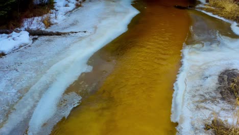 mineral-river-thaw-frosty-iced-shore-reveal-caves-under-stone-bridges-yellow-tall-grass-forest-snow-banks-dolly-roll-aerial-drone-overlooking-dense-bushes-trees-ice-tips-of-streaming-waters