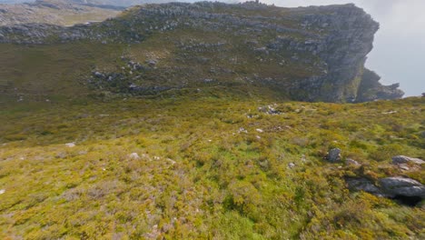 Aerial-shot-flying-over-beautiful-rugged-terrain-on-Table-Mountain-in-South-Africa,-with-Cape-Town-visible-in-the-distance-below